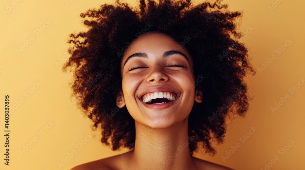Happy person smiles broadly with eyes closed against a yellow background Happy person smiles broadly with eyes closed against a yellow background