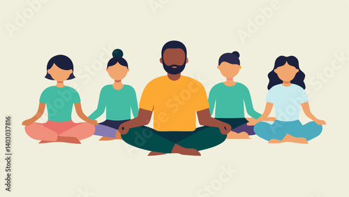 Guided Breathing Exercise An image of a diverse group sitting crosslegged guided by an instructor through a breathing exercise with visual aids showing breathing patterns.