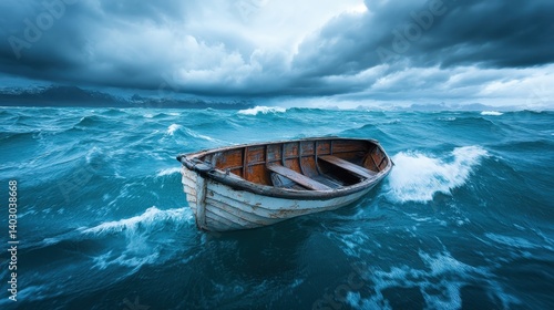 An abandoned boat floats on choppy waters surrounded by dark clouds, symbolizing lost journeys and the persistent struggle against life's unpredictable elements and emotions.