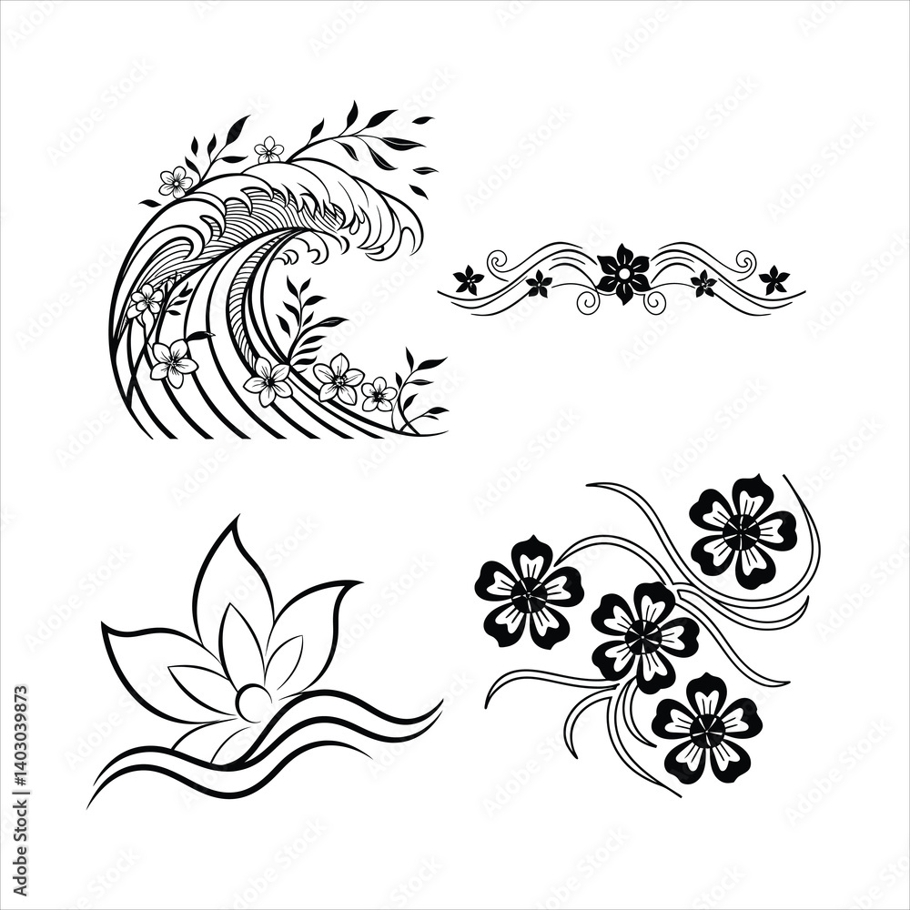 Fototapeta premium Abstract Flower Wave Line Art Set Black & White Design Collection
