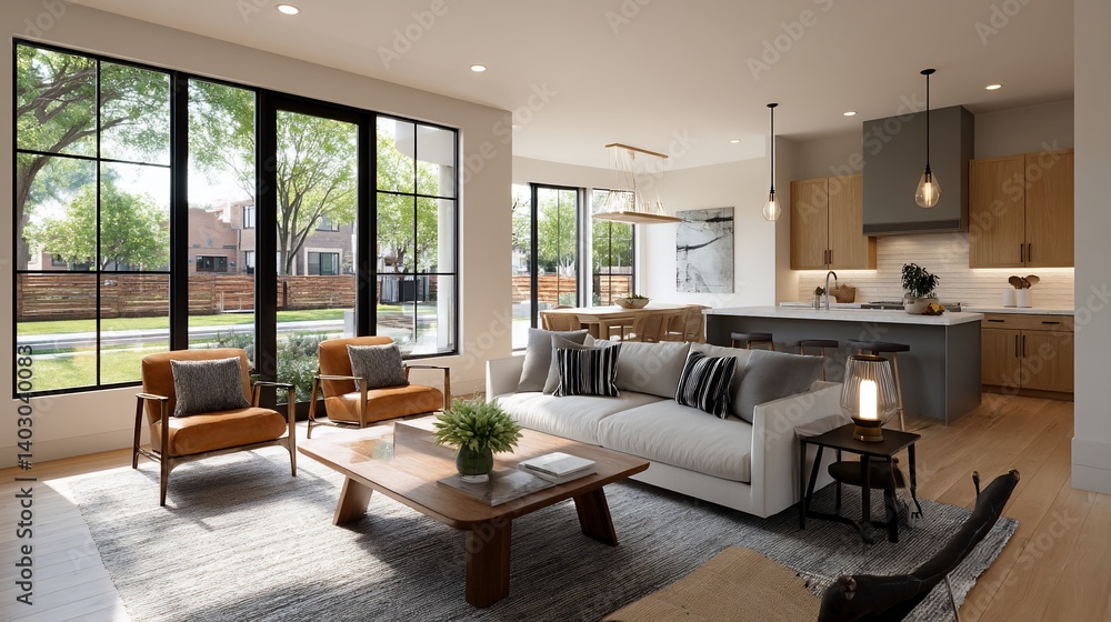 Open-plan living space with modern furniture, large windows, and backyard view Open-plan living space with modern furniture, large windows, and backyard view