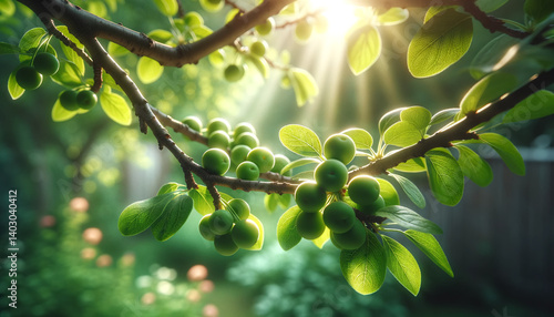 Close-up of fresh green plums growing on a tree branch with sunlit leaves and dewdrops. Organic farming, healthy eating, summer harvest, nature freshness, and natural food. Calendar design.