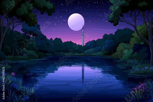 night mosque minaret landscape with moon