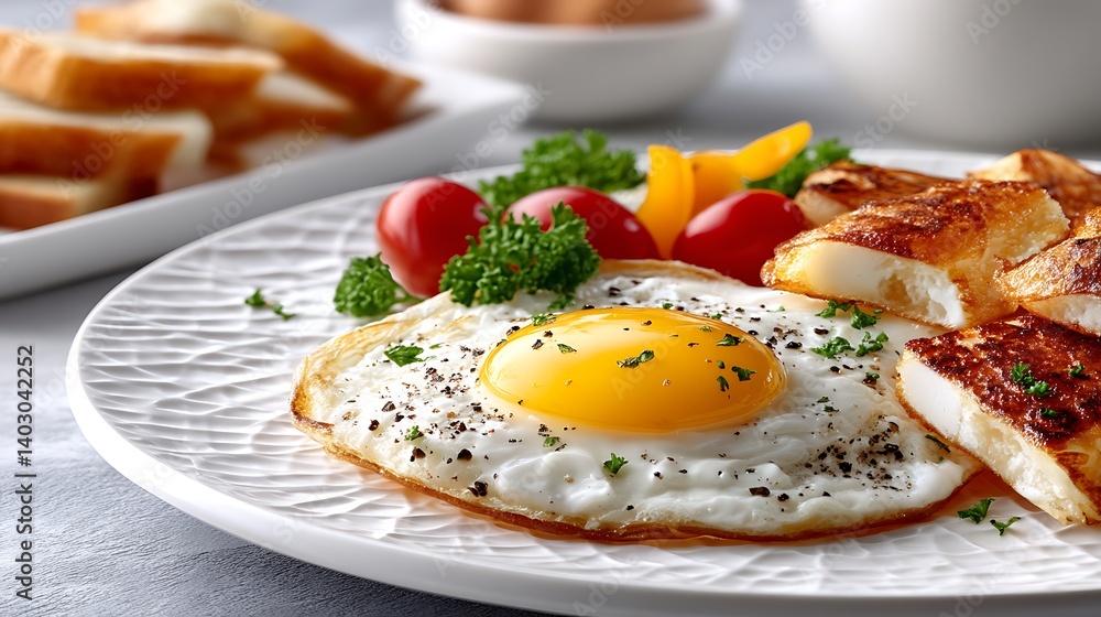 Hyper Realistic Cracked Fried Egg with Pepper on Plate Surrounded by Fresh Ingredients Hyper Realistic Cracked Fried Egg with Pepper on Plate Surrounded by Fresh Ingredients