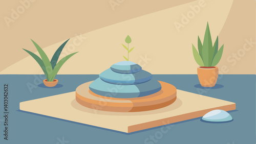 A smooth stone meditation area with a cushion for sitting and a small plant in the corner.