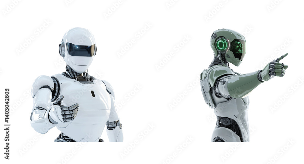 Fototapeta premium Humanoid robots in various gestures display futuristic technology potential