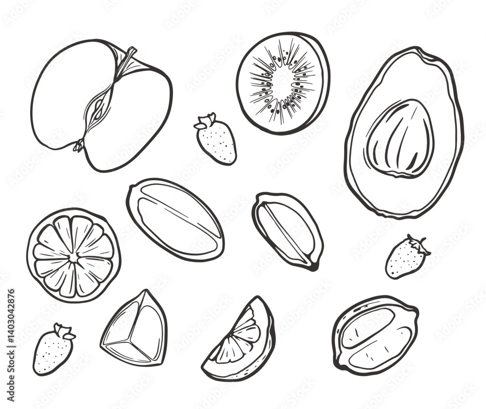 Vector stickers of ripe and juicy fruits drawn with light, vibrant lines and isolated from the background. Update your digital communications and design projects with this appetizing collection Vector stickers of ripe and juicy fruits drawn with light, vibrant lines and isolated from the background. Update your digital communications and design projects with this appetizing collection