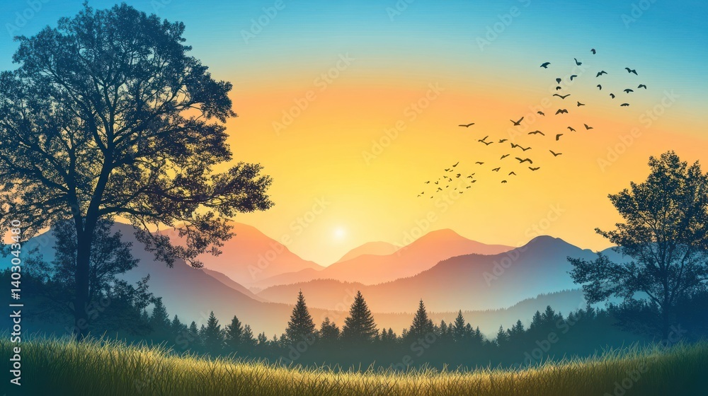 Obraz premium Serene mountain landscape at dawn with silhouetted trees and soaring birds