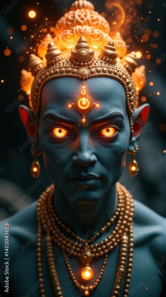 Mystical blue deity with glowing eyes and fiery headdress. makara,vasuki,shesha,kala nag,samudra manthan,asura rahu India Mystical blue deity with glowing eyes and fiery headdress. makara,vasuki,shesha,kala nag,samudra manthan,asura rahu India