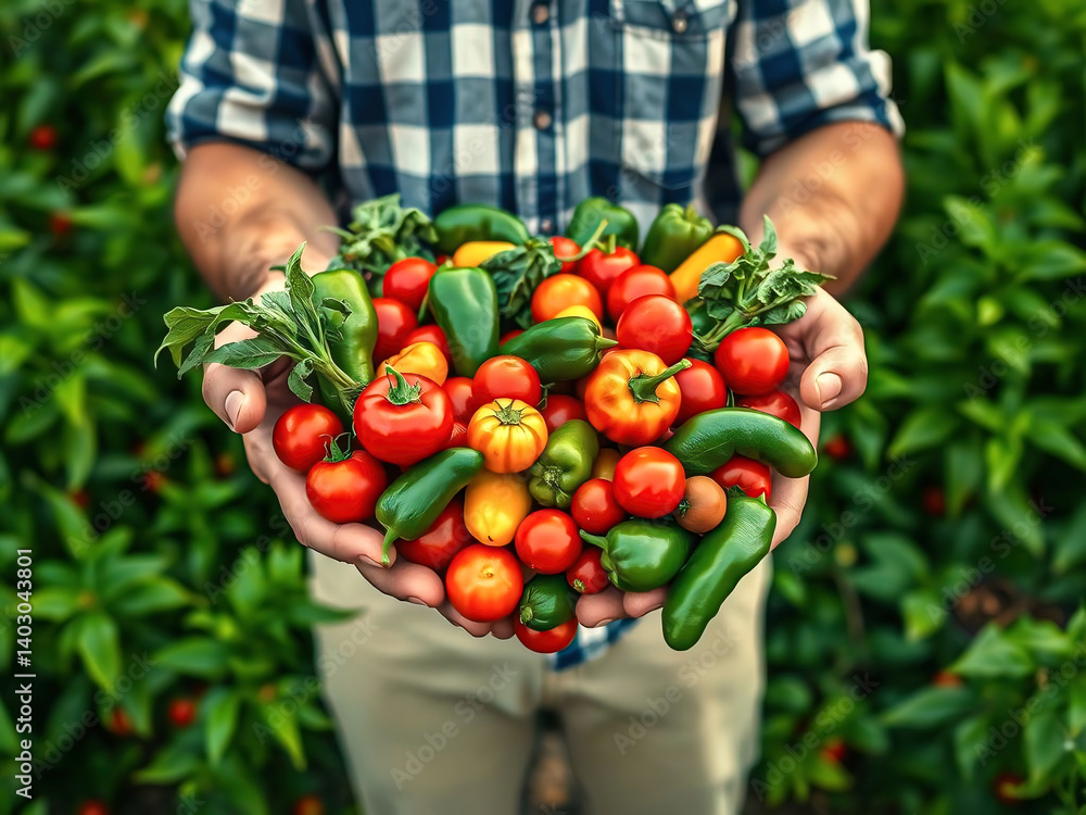 Harvest Symphony - man holding an abundant array of peppers and tomatoes in his hands - generative AI. AI-generated illustration