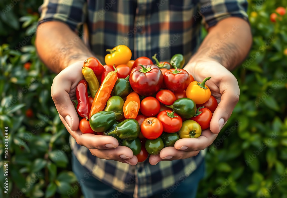Harvest Symphony - man holding an abundant array of peppers and tomatoes in his hands - generative AI. AI-generated illustration