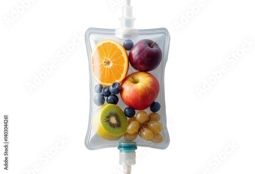 Fruit IV Drip Bag: Orange, Apple, Kiwi, Grapes, Plum, Blueberries, transparent background