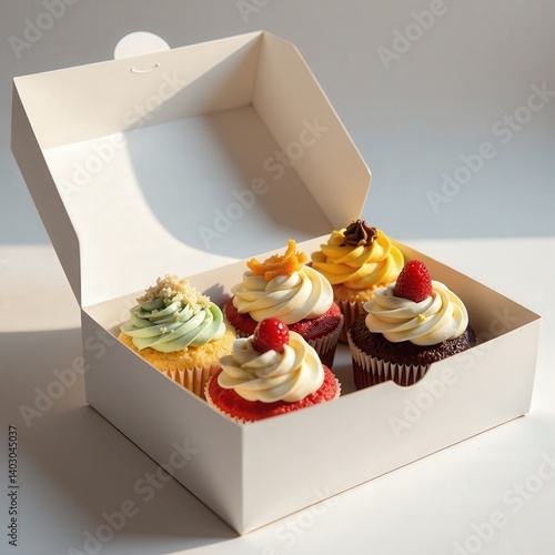 Four assorted cupcakes in a white box, delicious bakery dessert. Perfect for menus, websites, and blogs.