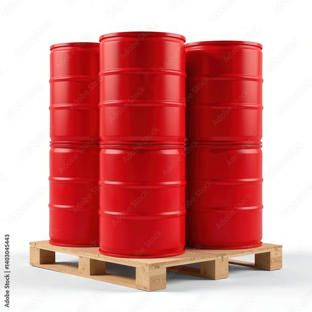 Six red barrels stacked on a wooden pallet against a white background. Perfect for industrial, logistics, or supply chain concepts. Six red barrels stacked on a wooden pallet against a white background. Perfect for industrial, logistics, or supply chain concepts.