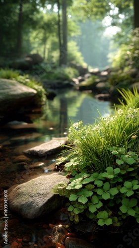 Serene forest stream, sunlit, reflecting greenery