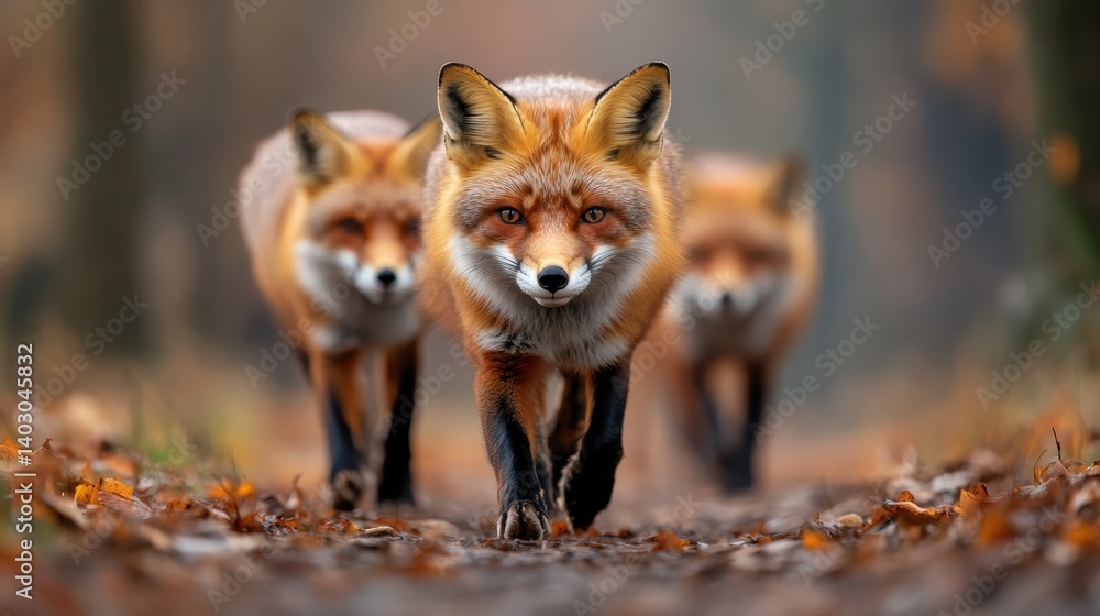 Fototapeta premium Three playful foxes trot along a leaf-strewn forest path, their lively interaction and vibrant fur shining through the warm hues of autumnal foliage creating a joyful scene.