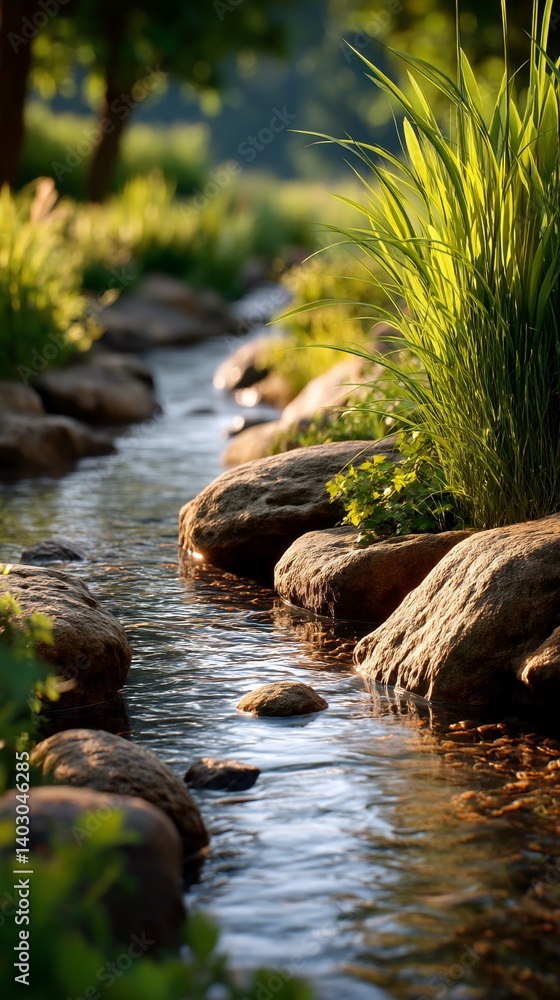 Serene stream flows gently over smooth stones, lush greenery frames the tranquil scene Serene stream flows gently over smooth stones, lush greenery frames the tranquil scene