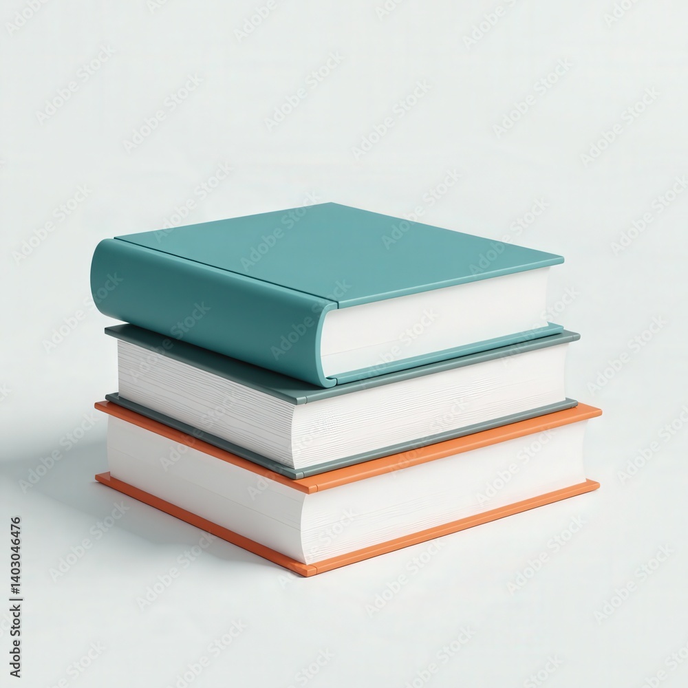 Stack of three books in teal, gray, and orange on white background.  Perfect for education or business concepts.