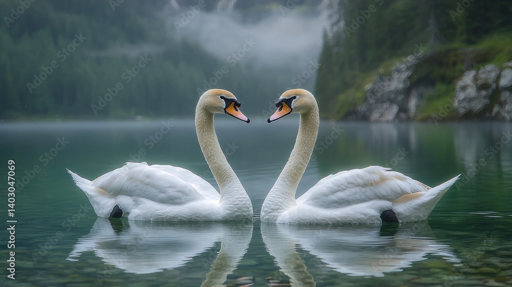 Obraz premium Two Swans' Serene Embrace on Misty Lake