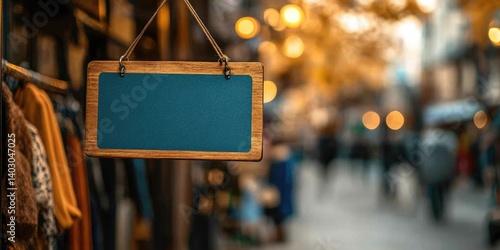 Blank chalkboard sign hanging outside a street boutique near a rack of clothes, with a blurred, warm-toned background of people and market lights. Ideal for sites/blogs on shopping, retail, sales