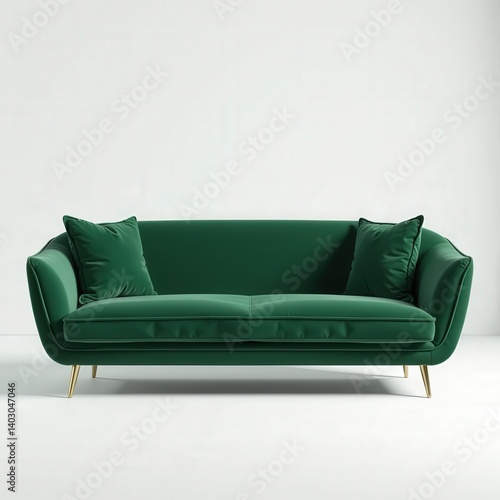 Stylish emerald green velvet sofa with gold legs. Perfect for modern interior design. photo