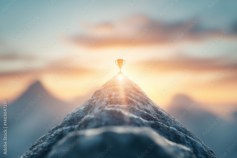 A trophy stands triumphantly on a mountain peak, illuminated by a warm sunrise, symbolizing achievement and success. A trophy stands triumphantly on a mountain peak, illuminated by a warm sunrise, symbolizing achievement and success.