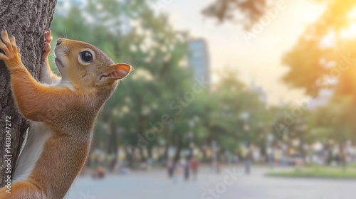 curious squirrel climbs tree in vibrant park, surrounded by lush greenery and people enjoying their day. warm sunlight creates serene atmosphere, highlighting beauty of nature