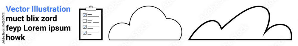 Clipboard with checklist next to three cloud shapes, combining task organization with cloud storage or computing themes. Ideal for productivity, cloud management, teamwork, and simple landing page Clipboard with checklist next to three cloud shapes, combining task organization with cloud storage or computing themes. Ideal for productivity, cloud management, teamwork, and simple landing page