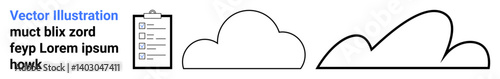 Clipboard with checklist next to three cloud shapes, combining task organization with cloud storage or computing themes. Ideal for productivity, cloud management, teamwork, and simple landing page