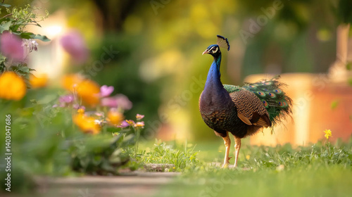 Wallpaper Mural vibrant peacock stands gracefully amidst colorful flowers in lush garden, showcasing its stunning plumage and iridescent colors. serene atmosphere enhances beauty of nature Torontodigital.ca