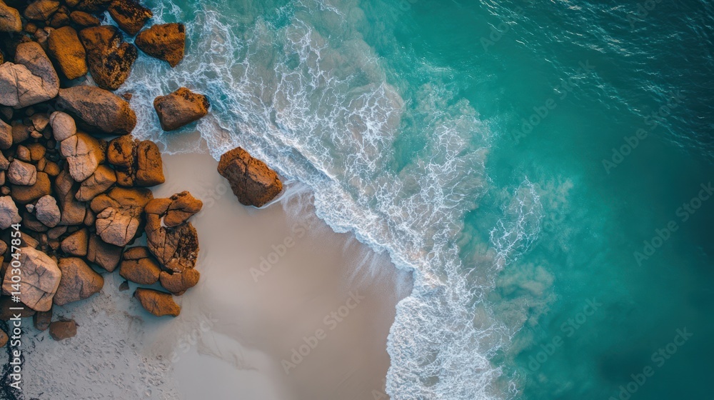 Fototapeta premium Aerial view turquoise ocean waves lapping rocky beach, sunset