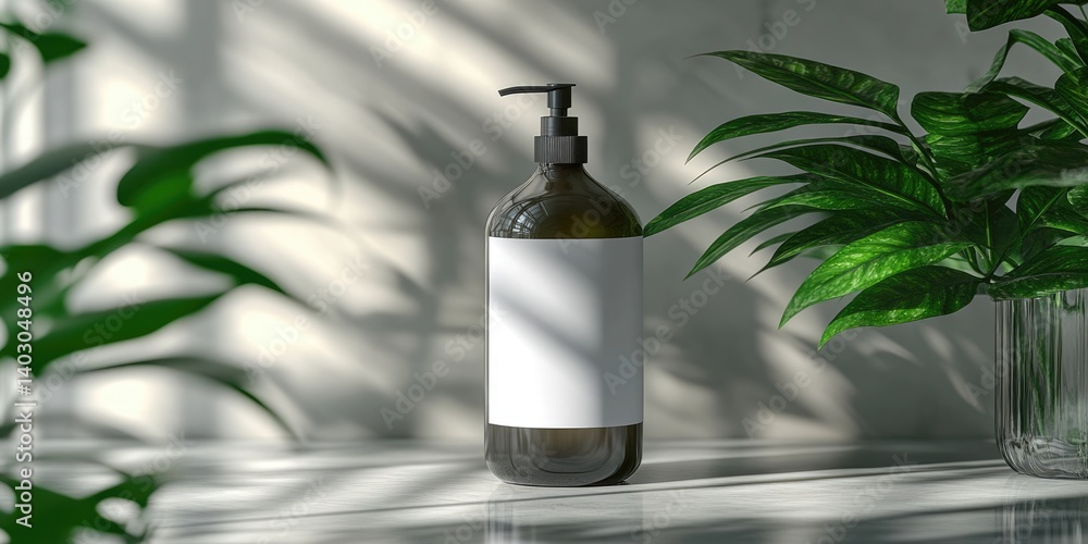 black bottle with a pump and blank white label stands on a surface with window light and shadows for beauty product mockups, bathroom accessory websites, and minimalist design blogs. black bottle with a pump and blank white label stands on a surface with window light and shadows for beauty product mockups, bathroom accessory websites, and minimalist design blogs.