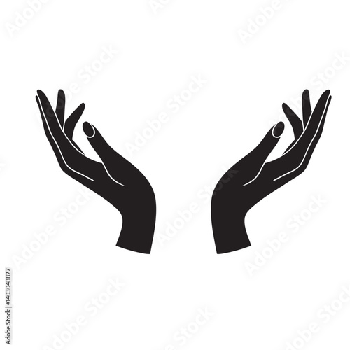 Minimalist Black Silhouette of Two Open Cupped Hands Reaching Upward, Isolated on White Background, Symbolizing Giving, Receiving, Care, and Support