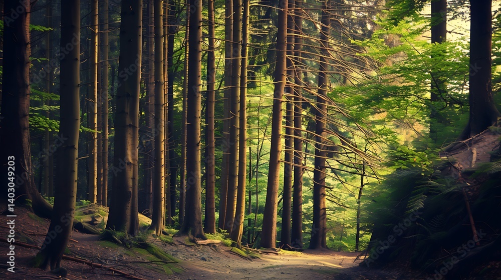 Obraz premium A sun-dappled forest path winds through tall trees.