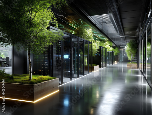 A data center with racks of energy-efficient servers, surrounded by indoor trees and plants, creating a serene and sustainable environment that reflects the future of green technol