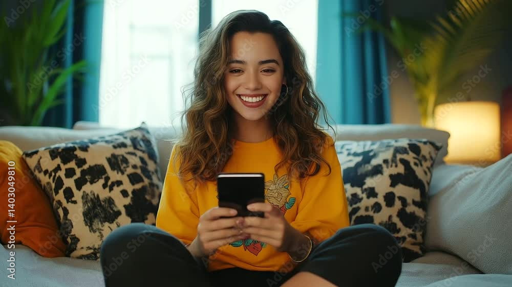 A happy young Hispanic woman in casual home attire sits cross-legged on a cozy couch, using her smartphone to browse online stores. She smiles at the latest deals and trends, surro A happy young Hispanic woman in casual home attire sits cross-legged on a cozy couch, using her smartphone to browse online stores. She smiles at the latest deals and trends, surro