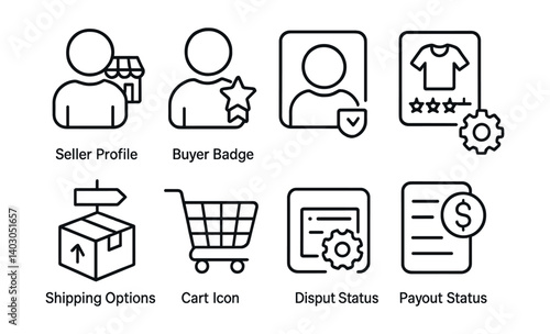 Set of icons: Seller Profile, Buyer Badge, Product Review, Shipping Options, Cart Icon, Order Status, Report Status.