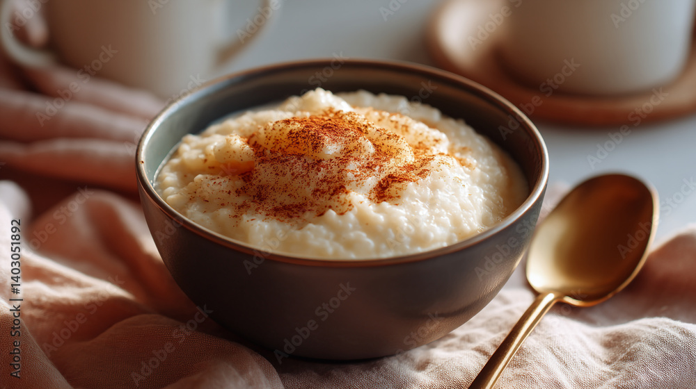 Delicious rice pudding recipe homemade traditional creamy dessert with cinnamon and spices for breakfast or snack Delicious rice pudding recipe homemade traditional creamy dessert with cinnamon and spices for breakfast or snack