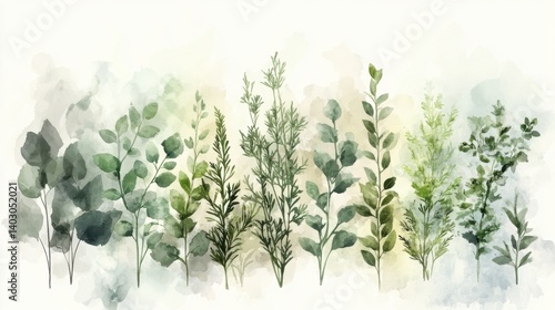 Wallpaper Mural A serene watercolor illustration featuring various green plants and leaves, showcasing nature's beauty in delicate hues and textures. Torontodigital.ca