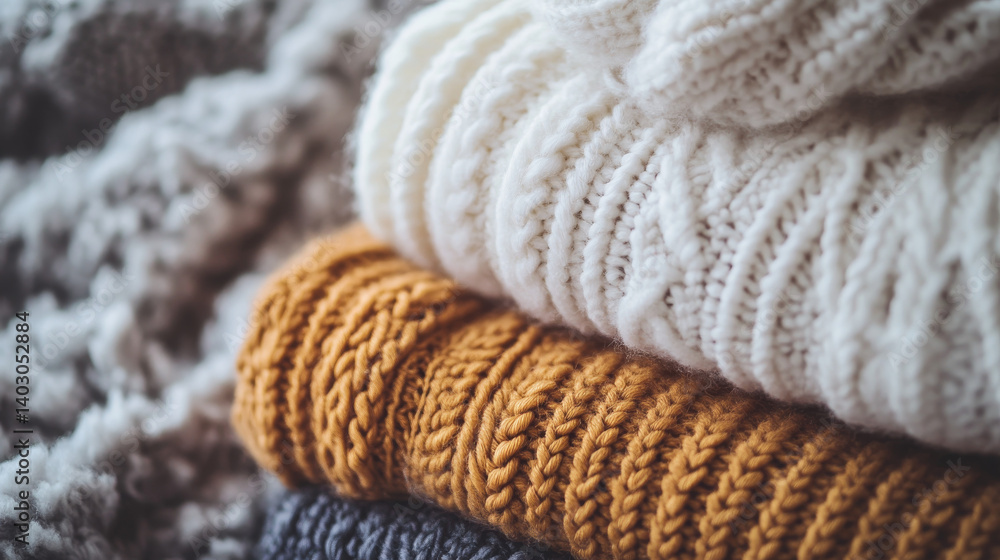 Winter clothing essentials like cozy knitted sweaters arranged in a flat lay Winter clothing essentials like cozy knitted sweaters arranged in a flat lay