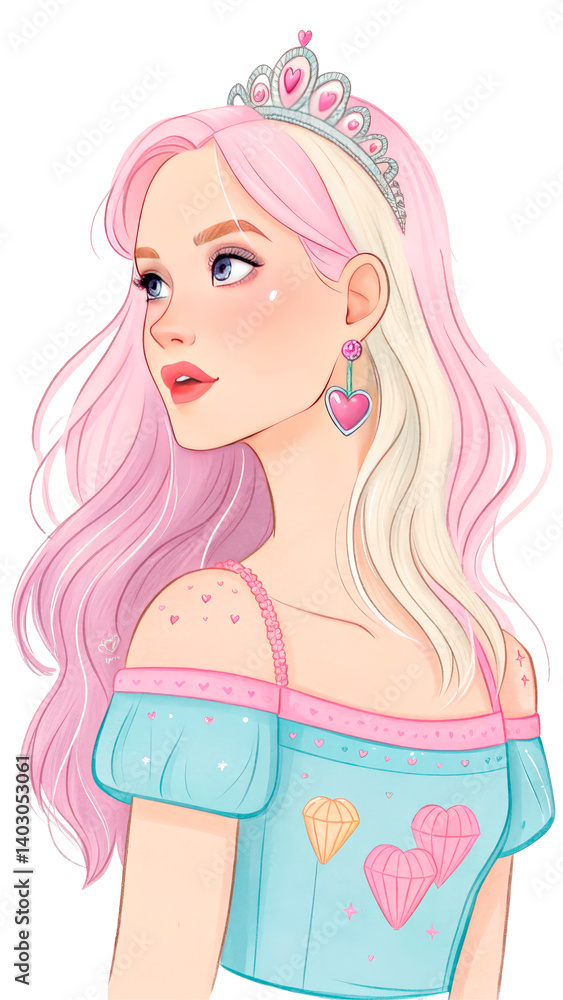 Stylized Y2K-Inspired Girl With Long Pink Hair, Wearing Heart Tiara And Jewelry, Transparent Background, Perfect For Fashion Stickers, Teen Blogs, Merchandise, Or Digital Branding Projects Stylized Y2K-Inspired Girl With Long Pink Hair, Wearing Heart Tiara And Jewelry, Transparent Background, Perfect For Fashion Stickers, Teen Blogs, Merchandise, Or Digital Branding Projects