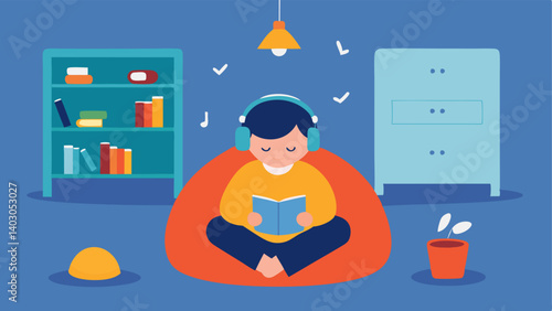 Relaxation Zone An inviting reading nook in the classroom featuring bean bags and soft pillows where children can take a break with one child using noisecanceling headphones.
