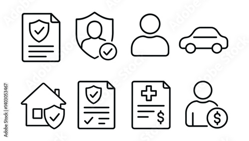 Set of icons: document with shield, person with shield, user, car, house with shield, verified document, medical document, person with coin.