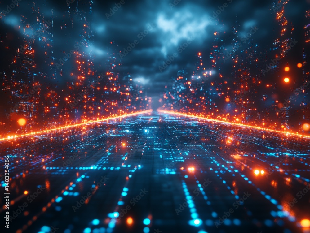 Futuristic Cityscape Data Flow: Abstract Digital Network with Glowing Lights and Lines, Representing Connectivity and Innovation. Futuristic Cityscape Data Flow: Abstract Digital Network with Glowing Lights and Lines, Representing Connectivity and Innovation.