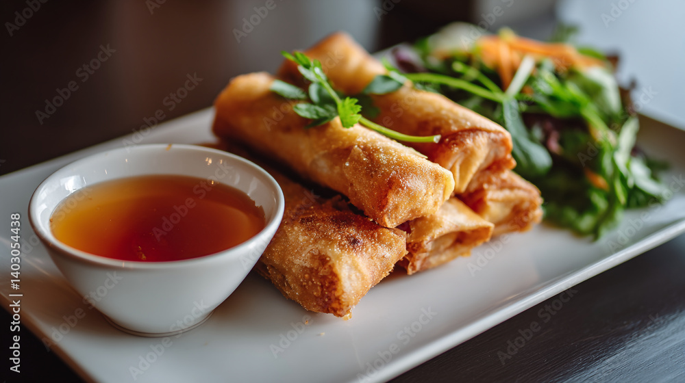 Crispy spring rolls recipe with dipping sauce and fresh salad asian cuisine restaurant food photography Crispy spring rolls recipe with dipping sauce and fresh salad asian cuisine restaurant food photography