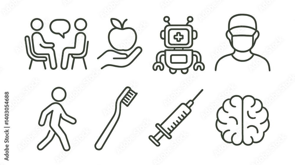 Set of icons: people talking, apple hand, robot, doctor, walking, toothbrush, syringe, brain. Set of icons: people talking, apple hand, robot, doctor, walking, toothbrush, syringe, brain.