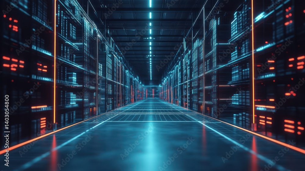 Fototapeta premium Futuristic data center corridor, glowing servers, digital architecture, cybersecurity concept