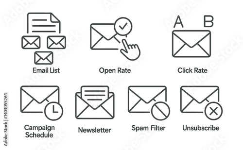 Set of email-related icons: Email List, Open Rate, Click Rate, Campaign Schedule, Newsletter, Spam Filter, Unsubscribe.