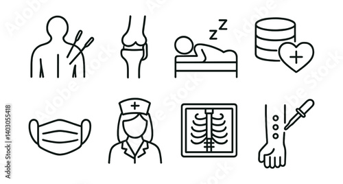 Set of eight medical icons: swabs, knee, sleeping, database, mask, nurse, X-ray, allergy test.