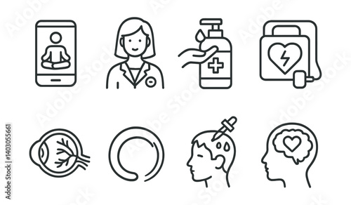 Set of icons including meditation, doctor, sanitizer, heart monitor, eye, circle, injection, brain.